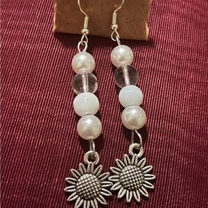 Handmade White (faux) Pearl Drop Earrings with Sunflower Charm